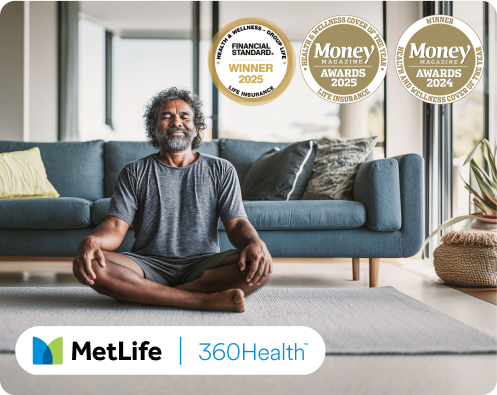 Man meditating on the floor of a living room, displaying the awards that MetLife 360Health has won in 2024 and 2025.