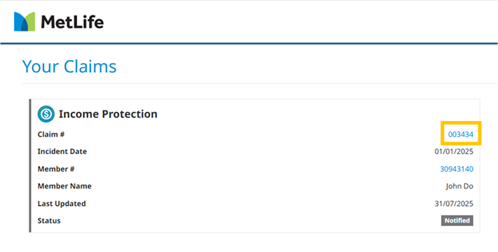 Click your claim number (i.e. 123456) to open details about your claim and see actions.
