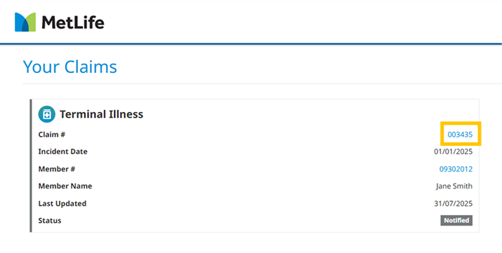 Click your claim number (i.e. 123456) to open details about your claim and see actions.
